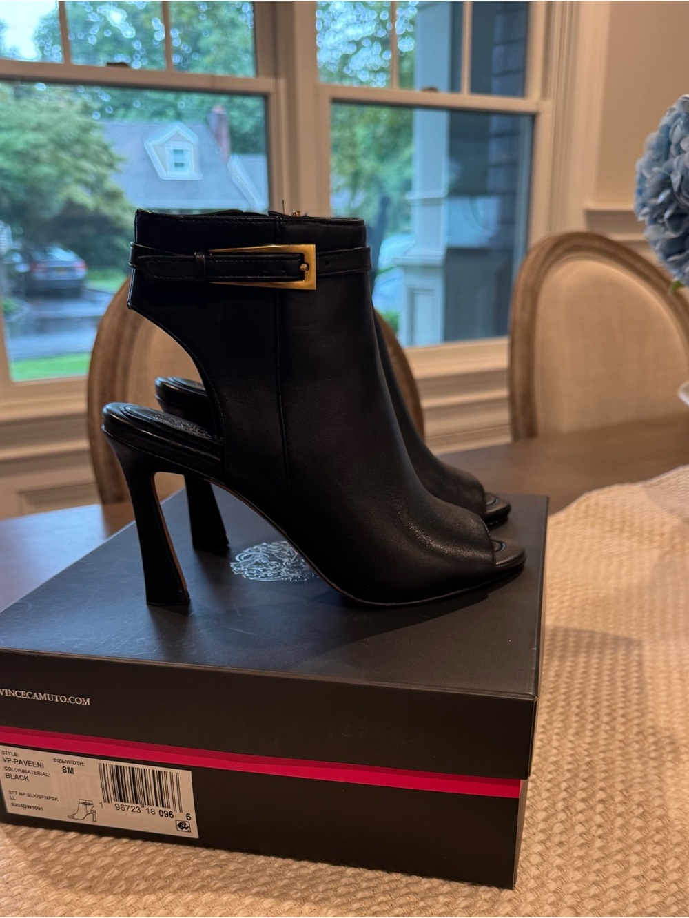 Vince Camuto Black Peep-Toe Ankle Bootie with Gold Accent